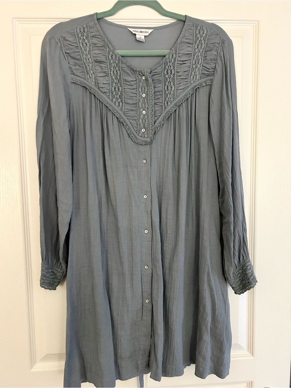 April Cornell Slate Blue Button-Front Tunic with Lace Yoke